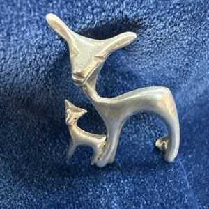 Pin Silver Vintage Two Deer Mama Baby Sterling 925 Mexico Dainty Doe Fawn Brooch